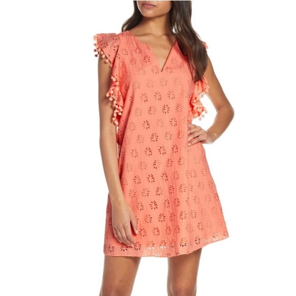 LILLY PULITZER Astara Peach Eyelet Palm Tree Dress w Pom Pom Flutter Sleeves S - Picture 1 of 14
